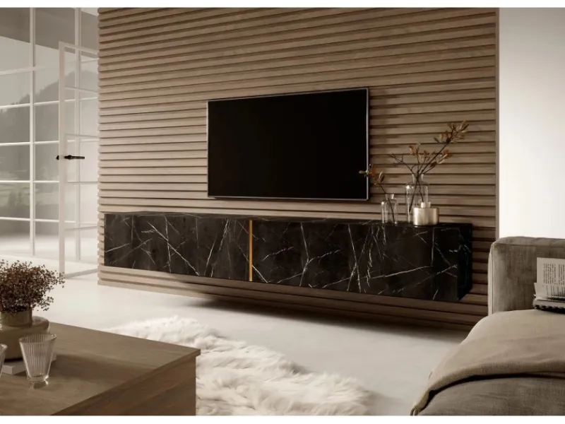 New Selsey TV-Hängeboard Bisira 200 cm Schwarze Marmoroptik mit Goldenem Einsatz Black