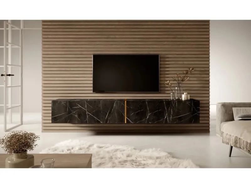 New Selsey TV-Hängeboard Bisira 200 cm Schwarze Marmoroptik mit Goldenem Einsatz Black