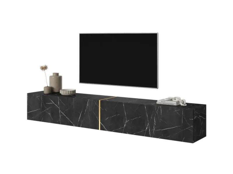 New Selsey TV-Hängeboard Bisira 200 cm Schwarze Marmoroptik mit Goldenem Einsatz Black