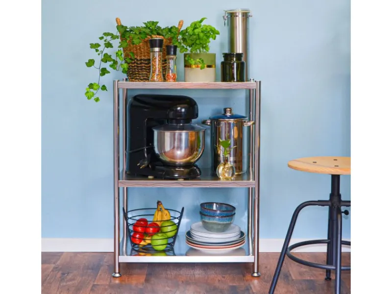 shelfr Edelstahl Schwerlastregal bis 60 kg auf 3 Ebenen 61 x 36 x 82 cm