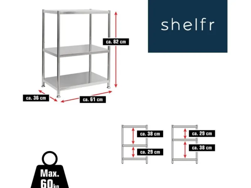 shelfr Edelstahl Schwerlastregal bis 60 kg auf 3 Ebenen 61 x 36 x 82 cm