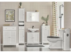 Best SoBuy Badezimmerschrank Sideboard mit Schublade und Lamellentüren 60x87x35cm Weiß FRG238-W