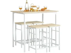 SoBuy Essgruppe Esstisch Set 5-teilig Bartisch mit 4 Hockern Weiß-Natur OGT11-WN
