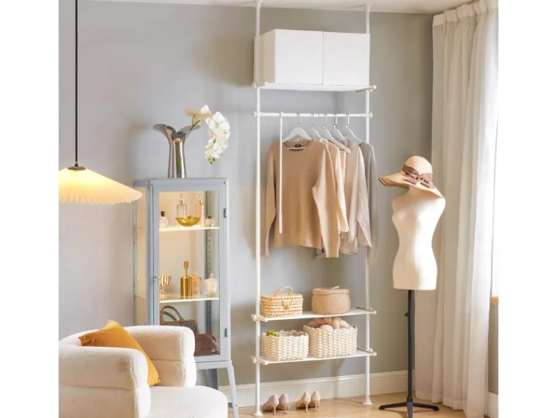 SoBuy Kleiderständer mit 1 Kleiderstange und 3 Ablagen Stahl Weiß KLS07-W