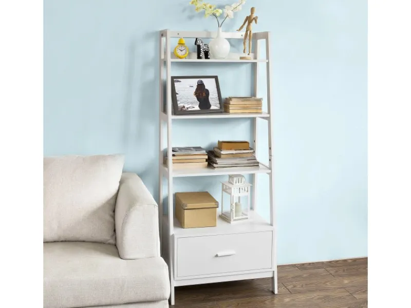 SoBuy Leiterregal mit Ablagen und Schublade MDF Weiß FRG116-W