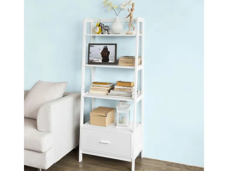 SoBuy Leiterregal mit Ablagen und Schublade MDF Weiß FRG116-W