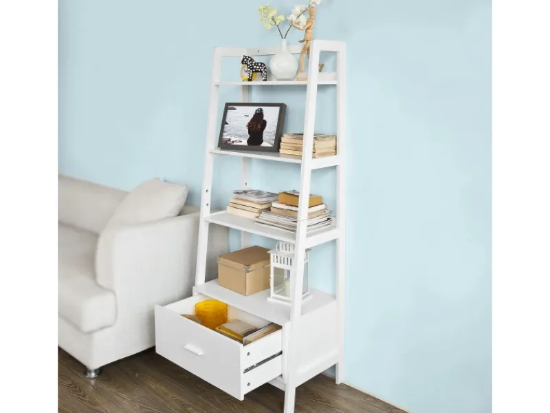 SoBuy Leiterregal mit Ablagen und Schublade MDF Weiß FRG116-W