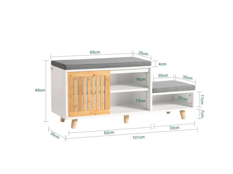 Outlet SoBuy Schuhbank mit 2 Sitzflächen und 1 Schiebetür MDF Bambus Weiß FSR125-WN