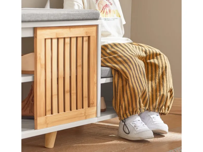 Outlet SoBuy Schuhbank mit 2 Sitzflächen und 1 Schiebetür MDF Bambus Weiß FSR125-WN