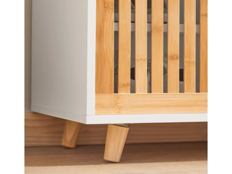 Outlet SoBuy Schuhbank mit 2 Sitzflächen und 1 Schiebetür MDF Bambus Weiß FSR125-WN