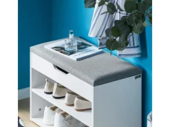 SoBuy Schuhbank mit Sitzfläche Sitzbank Schuhregal aus MDF 60x43x30cm Weiß-Grau FSR25-HG