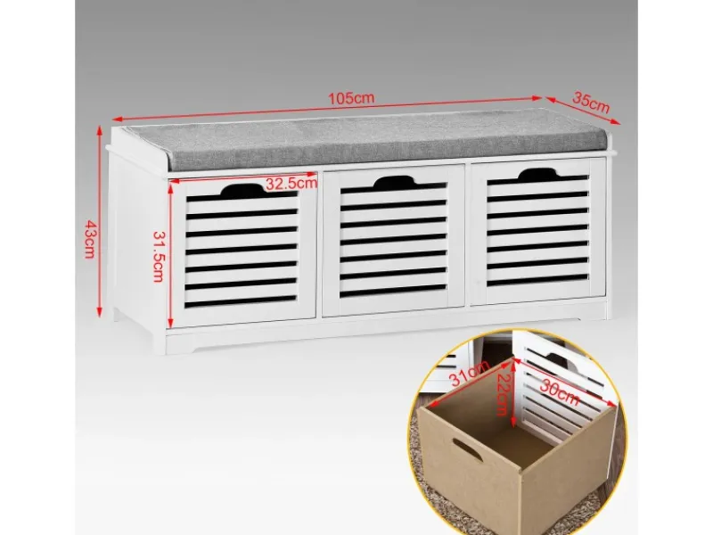 SoBuy Schuhtruhe mit 3 Körben Weiß Holzwerkstoff 105cm FSR23-W