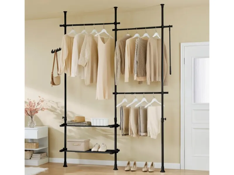 SoBuy Teleskop Kleiderständer mit 3 Kleiderstange und 2 Ablagen Garderobenständer FRG34-II-SCH