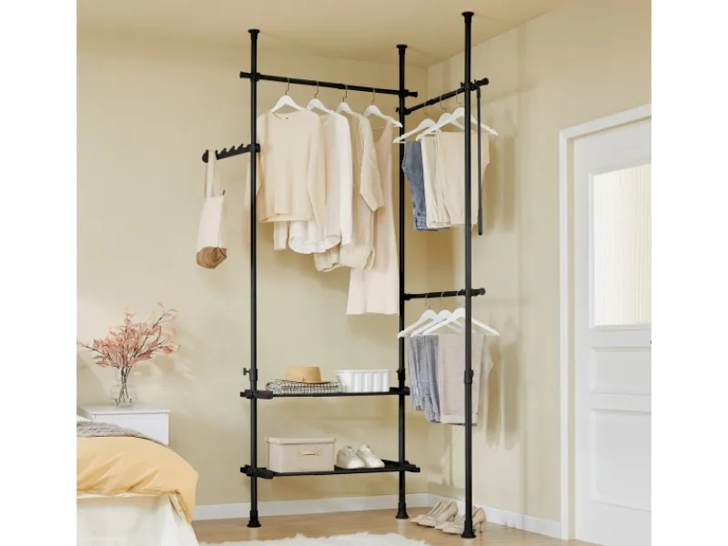 SoBuy Teleskop Kleiderständer mit 3 Kleiderstange und 2 Ablagen Garderobenständer FRG34-II-SCH