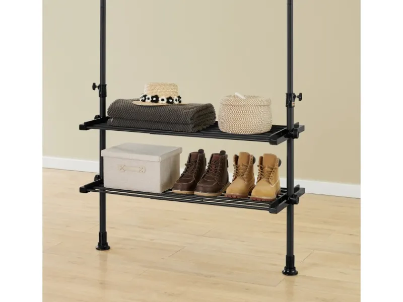 SoBuy Teleskop Kleiderständer mit 3 Kleiderstange und 2 Ablagen Garderobenständer FRG34-II-SCH