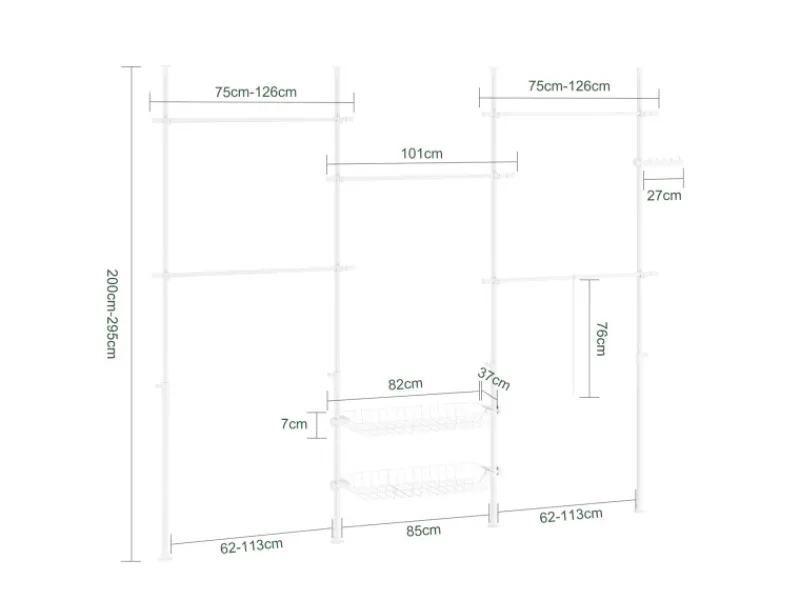 SoBuy Teleskop Kleiderständer mit 5 Kleiderstangen und 2 Körben Garderobenständer KLS04-II-W