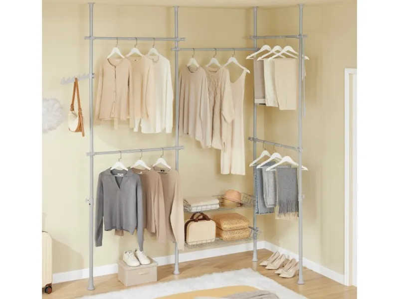 SoBuy Teleskop Kleiderständer mit 5 Kleiderstangen und 2 Körben Garderobenständer KLS04-II-HG