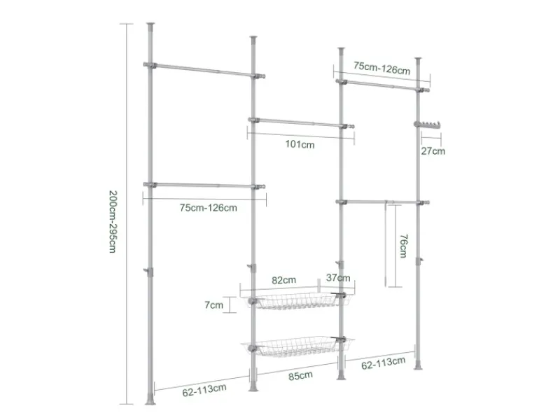 SoBuy Teleskop Kleiderständer mit 5 Kleiderstangen und 2 Körben Garderobenständer KLS04-II-HG
