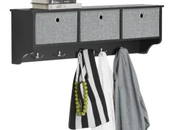 SoBuy Wandgarderobe mit 3 Körben und 5 Haken Holz Schwarz FRG282-SCH