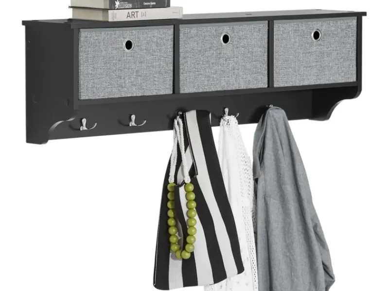 SoBuy Wandgarderobe mit 3 Körben und 5 Haken Holz Schwarz FRG282-SCH
