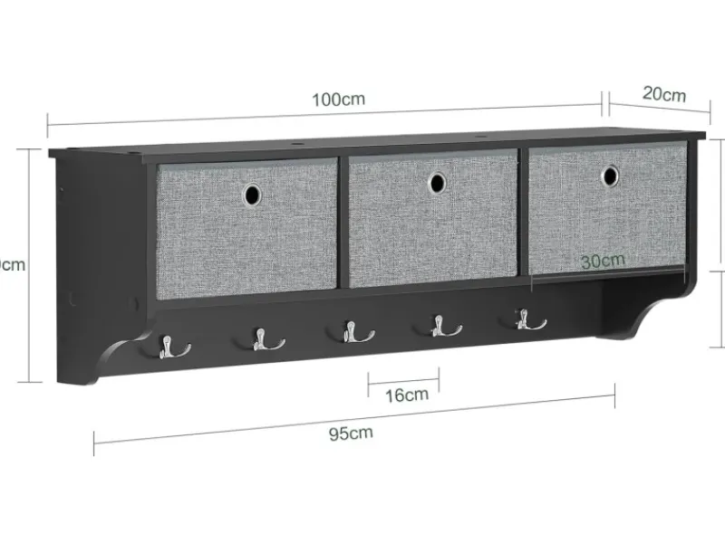 SoBuy Wandgarderobe mit 3 Körben und 5 Haken Holz Schwarz FRG282-SCH
