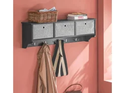 SoBuy Wandgarderobe mit 3 Körben und 5 Haken Holz Schwarz FRG282-SCH