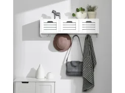 Hot SoBuy Wandgarderobe mit 3 Körben und 4 Haken MDF Weiß FHK19-W