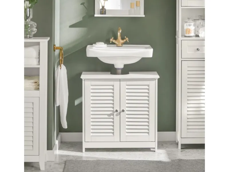 SoBuy Waschbeckenunterschrank Badschrank mit 2 Lamellentüren MDF 60x58x35cm Weiß FRG237-W