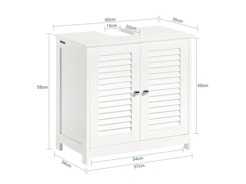 SoBuy Waschbeckenunterschrank Badschrank mit 2 Lamellentüren MDF 60x58x35cm Weiß FRG237-W