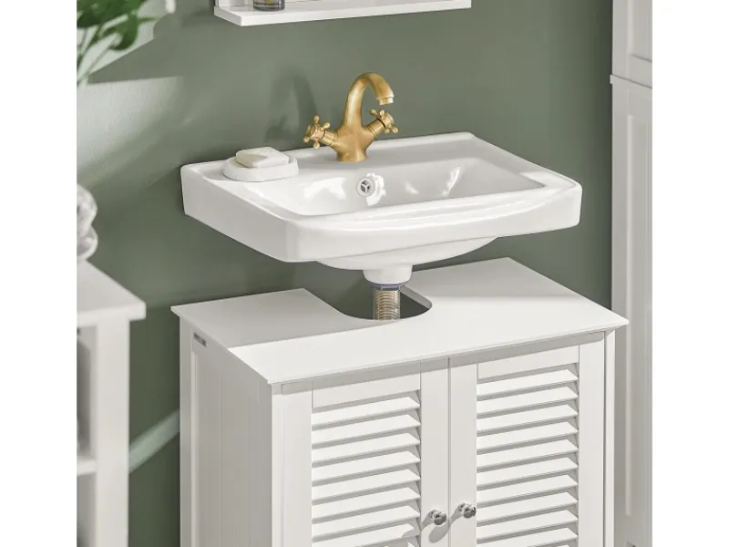 SoBuy Waschbeckenunterschrank Badschrank mit 2 Lamellentüren MDF 60x58x35cm Weiß FRG237-W