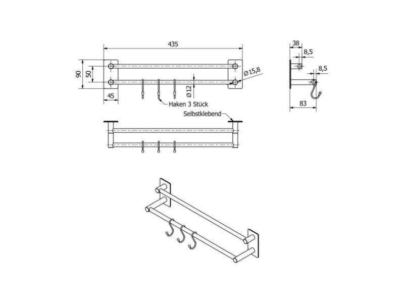 SOTECH Selbstklebende Hakenleiste TALIDA Aus Edelstahl Länge 435 mm 2-Fach