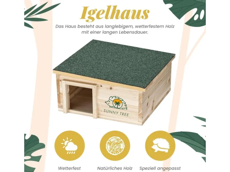 Sunny Tree Igelhaus Wasserdichtes Holz-Igelhaus mit Boden Igel-Futterhaus für Draußen Igelhaus mit Eingangstunnel