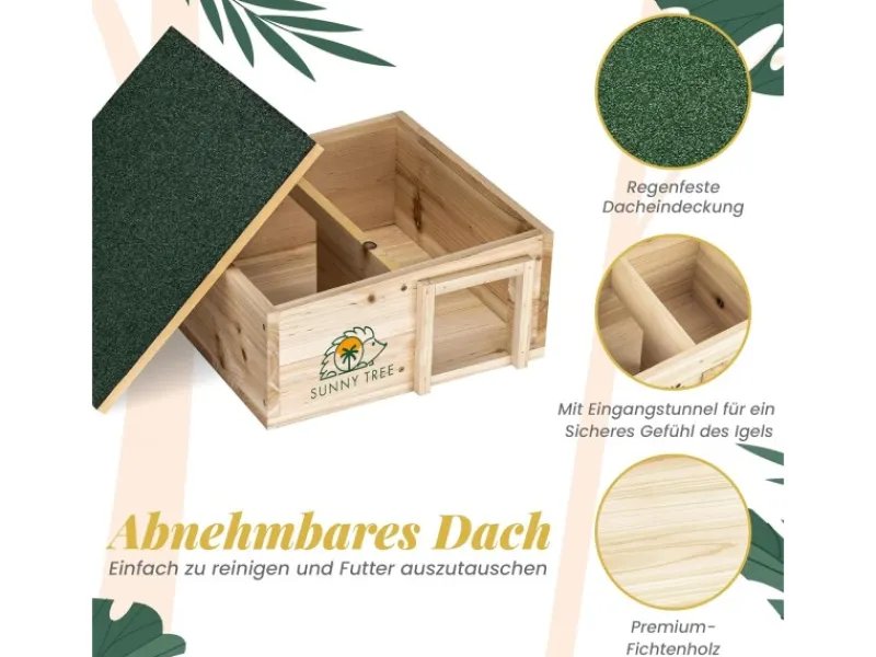 Sunny Tree Igelhaus Wasserdichtes Holz-Igelhaus mit Boden Igel-Futterhaus für Draußen Igelhaus mit Eingangstunnel