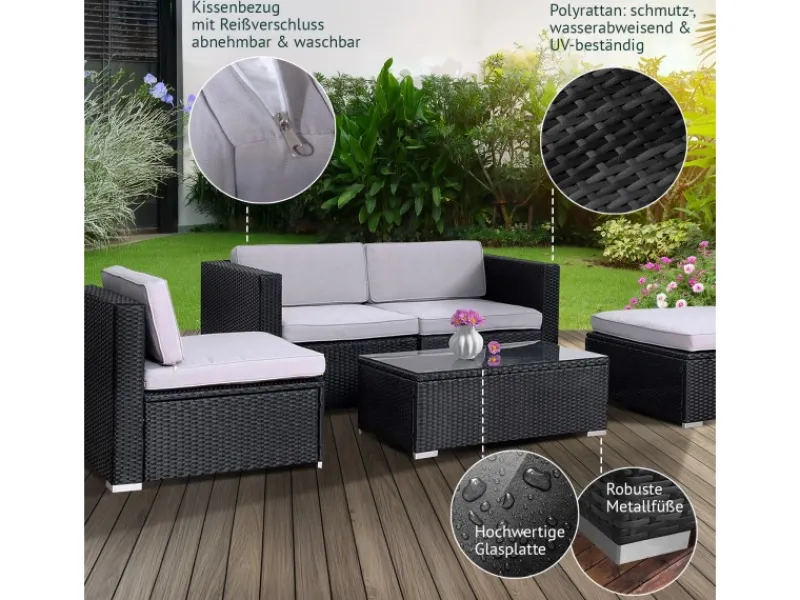 Clearance SVITA California Garten-Lounge Set Mit Haube Polyrattan Gartenset Balkon-Set Rattan-Lounge Schwarz