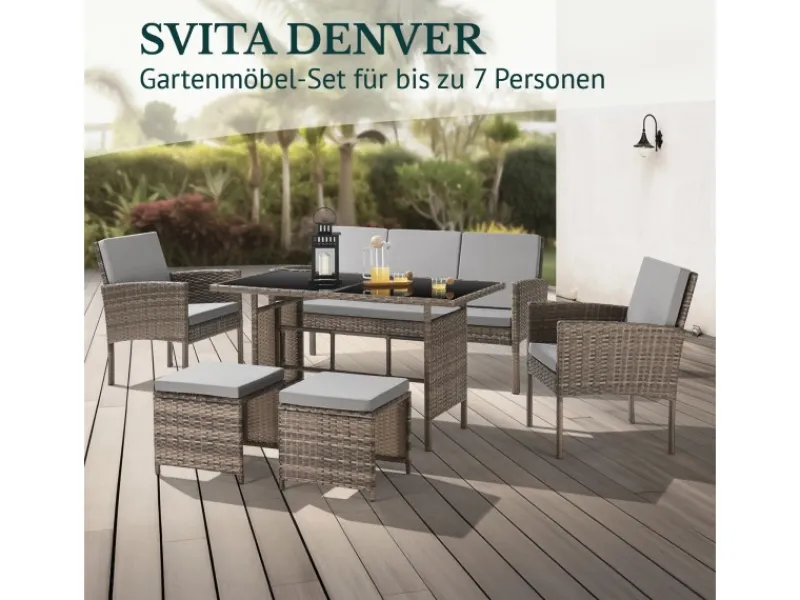 Sale SVITA Denver Polyrattan Gartenmöbel Set Essgruppe Lounge Esstisch Braun
