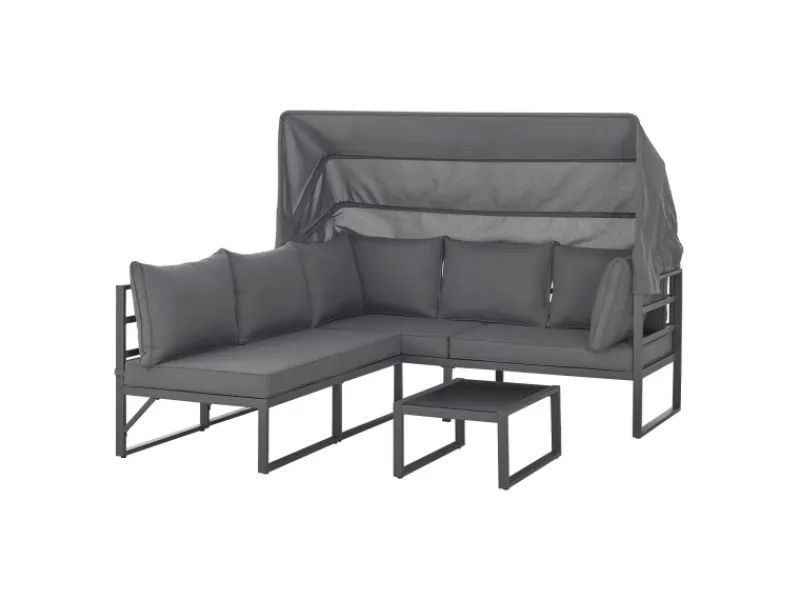 Best SVITA Maui Gartenmöbel-Lounge-Set Mit Dach Outdoor-Sofa Strandkorb-Sonneninsel Stahl Grau