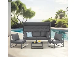 Best SVITA Maui Gartenmöbel-Lounge-Set Mit Dach Outdoor-Sofa Strandkorb-Sonneninsel Stahl Grau