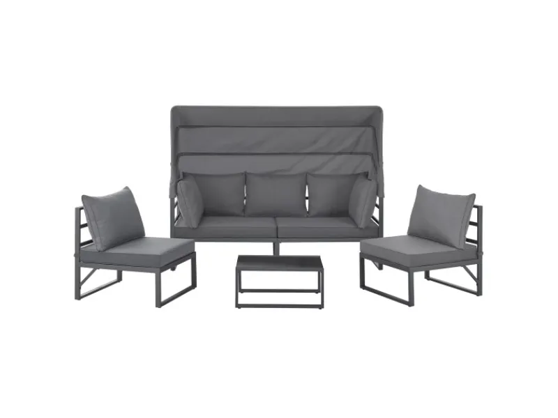 Best SVITA Maui Gartenmöbel-Lounge-Set Mit Dach Outdoor-Sofa Strandkorb-Sonneninsel Stahl Grau