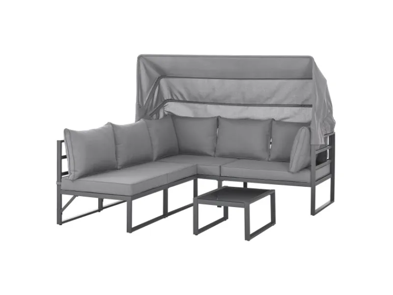 Best SVITA Maui Gartenmöbel-Lounge-Set Mit Dach Outdoor-Sofa Strandkorb-Sonneninsel Stahl Hellgrau