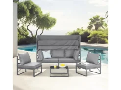 Best SVITA Maui Gartenmöbel-Lounge-Set Mit Dach Outdoor-Sofa Strandkorb-Sonneninsel Stahl Hellgrau