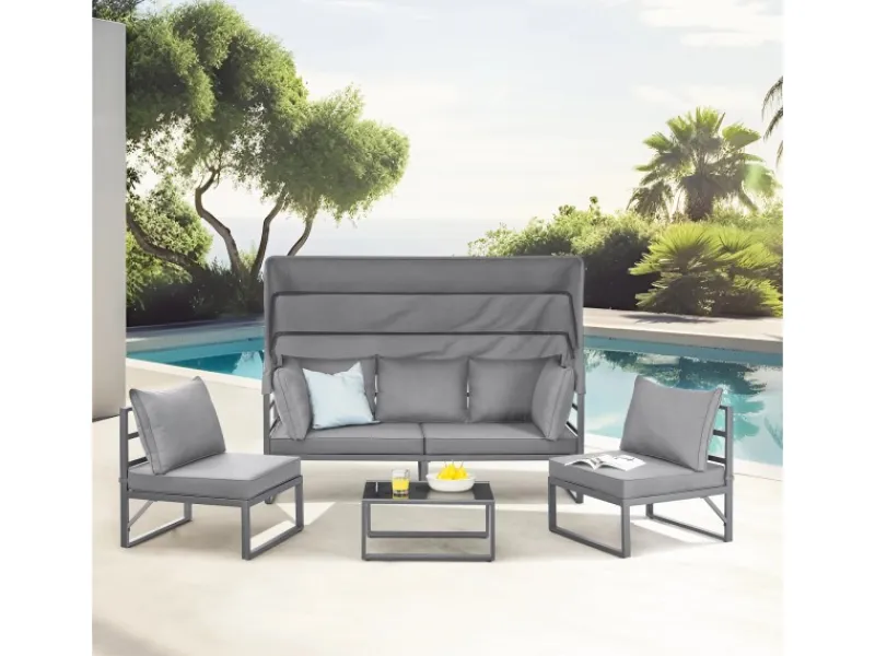 Best SVITA Maui Gartenmöbel-Lounge-Set Mit Dach Outdoor-Sofa Strandkorb-Sonneninsel Stahl Hellgrau