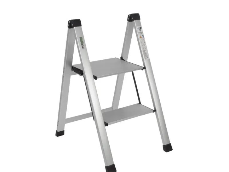 TRUTZHOLM Trittleiter 2 Stufig Klappbar bis 150 kg Alu Anti Rutsch Trittflächen TÜV GS Silber