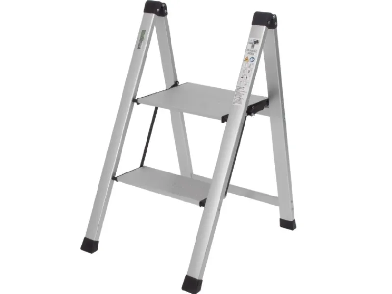 TRUTZHOLM Trittleiter 2 Stufig Klappbar bis 150 kg Alu Anti Rutsch Trittflächen TÜV GS Silber