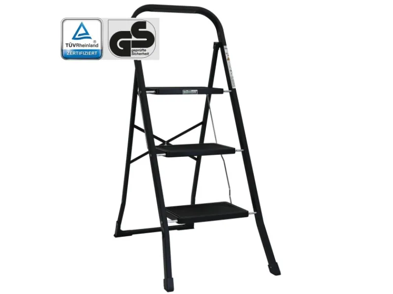 TRUTZHOLM Trittleiter 3 Stufen Klappbar TÜV/GS 150 kg Anti-Rutsch Trittflächen Schwarz