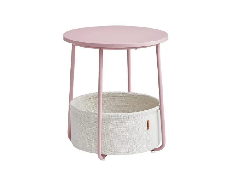 Clearance Vasagle Beistelltisch mit Stoff-Korb Ø 45 cm x 51 cm Rosa-Weiß