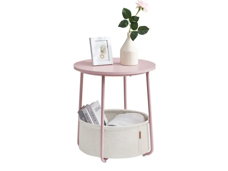 Clearance Vasagle Beistelltisch mit Stoff-Korb Ø 45 cm x 51 cm Rosa-Weiß