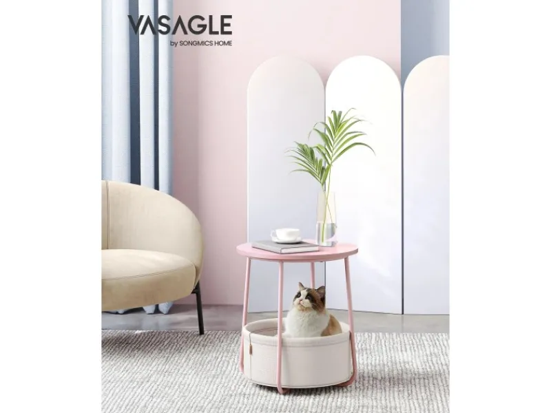 Clearance Vasagle Beistelltisch mit Stoff-Korb Ø 45 cm x 51 cm Rosa-Weiß