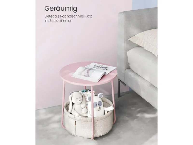 Clearance Vasagle Beistelltisch mit Stoff-Korb Ø 45 cm x 51 cm Rosa-Weiß