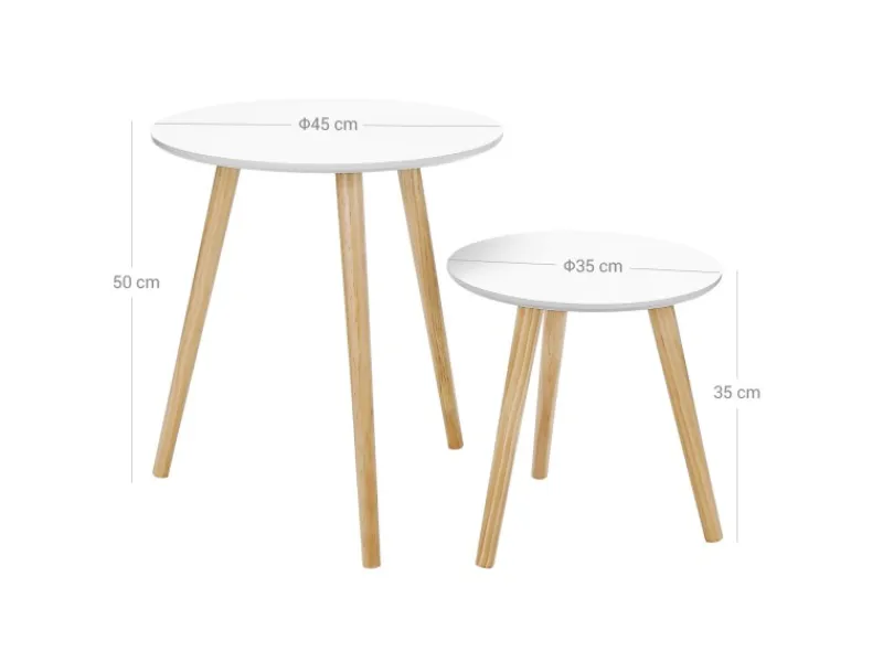 Vasagle Beistelltisch-Set mit Kiefernholz-Beinen Ø 45 cm x 50 cm Eiche-Weiß