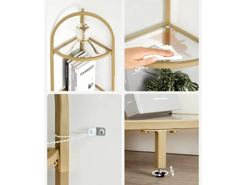 Vasagle Eckregal 5 Ebenen Hartglas 28 cm x 28 cm x 158 cm Gold